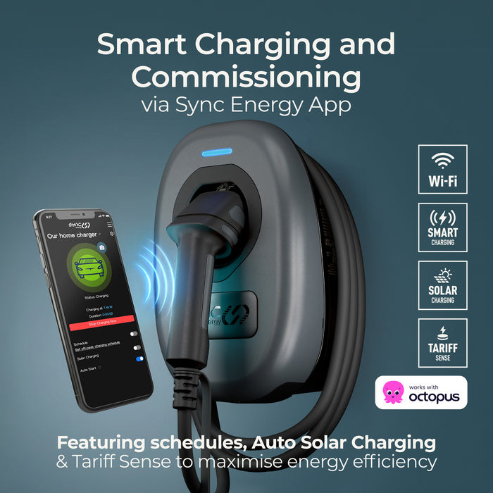 Sync Energy EVWC2T7GG EV Wall Charger 7.4kW Single Phase Type 2 Tethered Wi-Fi + 4G*, 7.5m cable (incl. CT clamp) - westbasedirect.com
