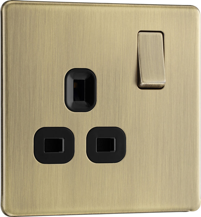 BG FAB21B Flatplate Screwless Single Socket 13A - Antique Brass + Black Insert