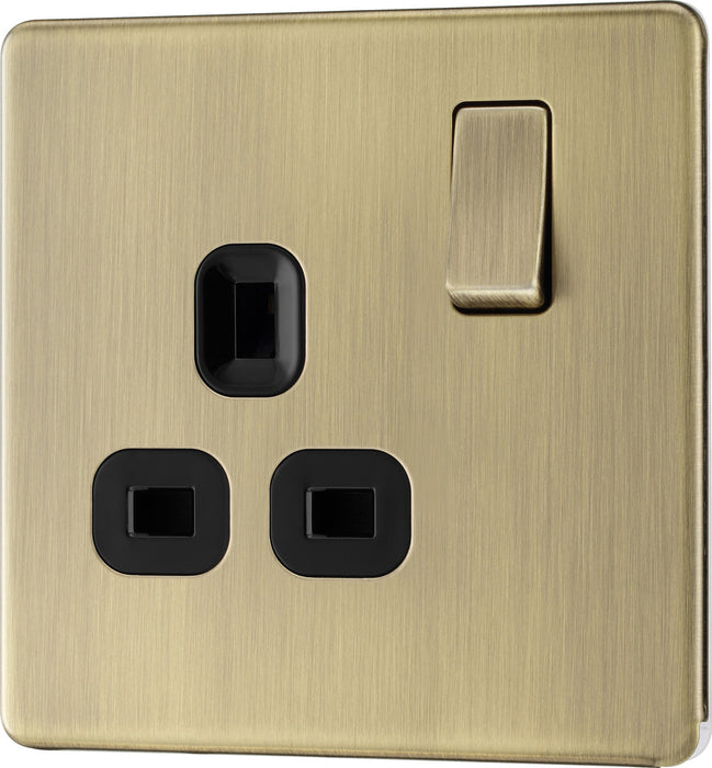 BG FAB21B Flatplate Screwless Single Socket 13A - Antique Brass + Black Insert