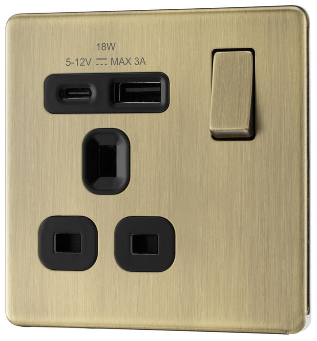 BG FAB21UAC18B Flatplate Screwless 13A Single Switched Power Socket + USB A+C (18W) - Antique Brass + Black Insert