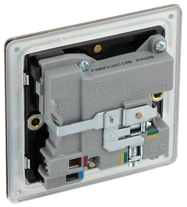 BG FAB21UAC18B Flatplate Screwless 13A Single Switched Power Socket + USB A+C (18W) - Antique Brass + Black Insert