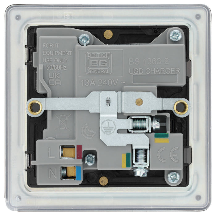 BG FAB21UAC18B Flatplate Screwless 13A Single Switched Power Socket + USB A+C (18W) - Antique Brass + Black Insert