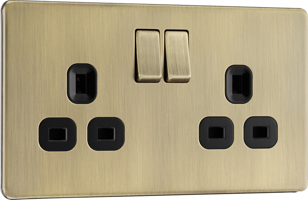 BG FAB22B Flatplate Screwless Double Socket 13A - Antique Brass + Black Insert