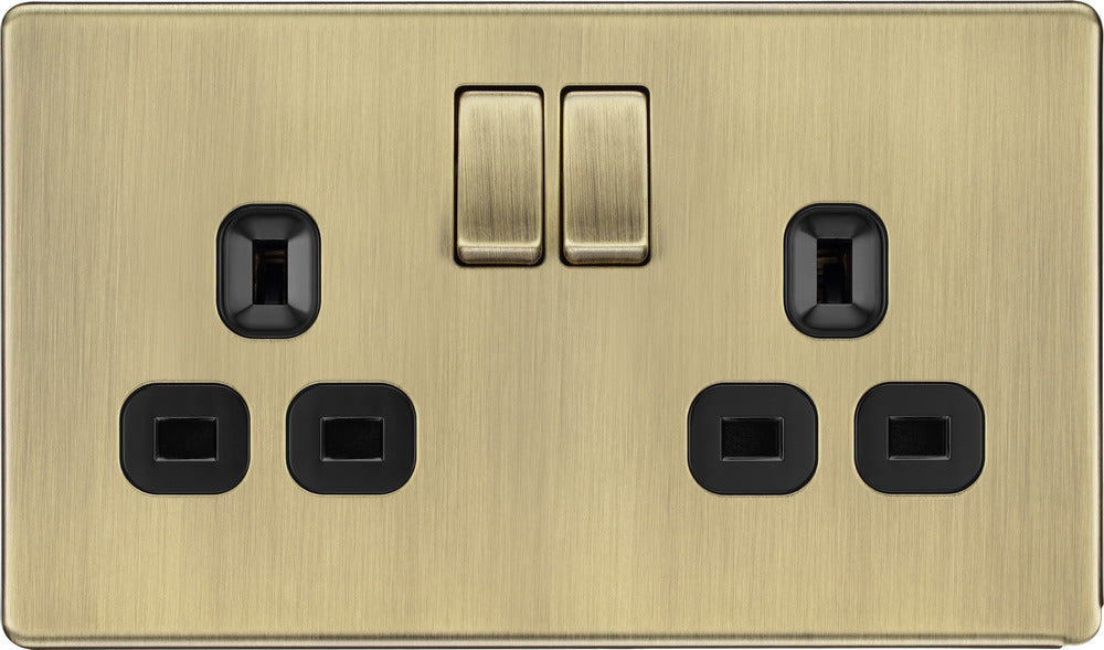 BG FAB22B Flatplate Screwless Double Socket 13A - Antique Brass + Black Insert