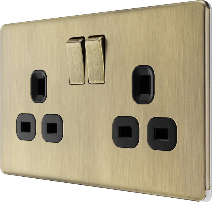 BG FAB22B Flatplate Screwless Double Socket 13A - Antique Brass + Black Insert