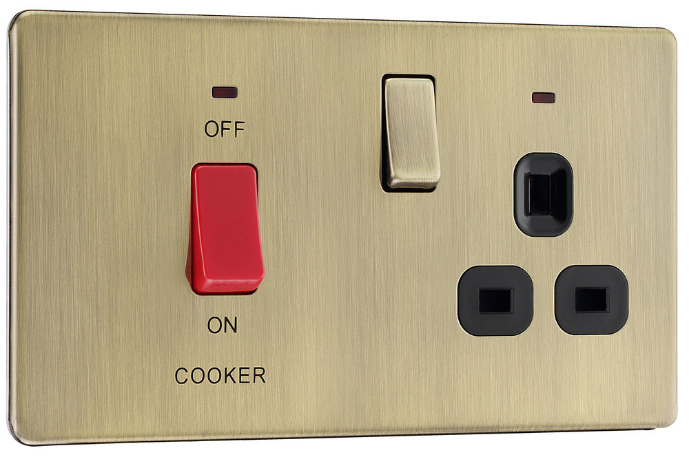 BG FAB70B Flatplate Screwless DP Cooker + Socket + Neon - Antique Brass + Black Insert