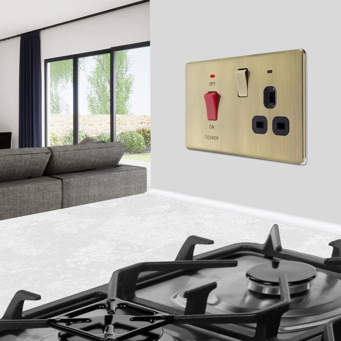 BG FAB70B Flatplate Screwless DP Cooker + Socket + Neon - Antique Brass + Black Insert