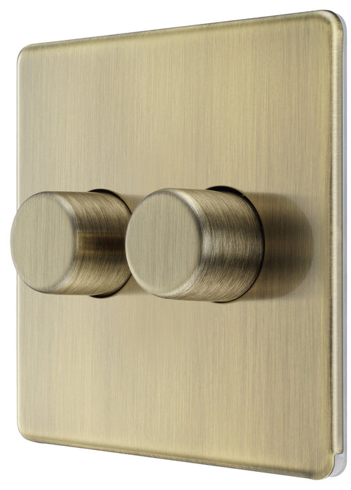 BG FAB82 Flatplate Screwless 2-Way Double Trailing Edge Dimmer Push On/Off - Antique Brass