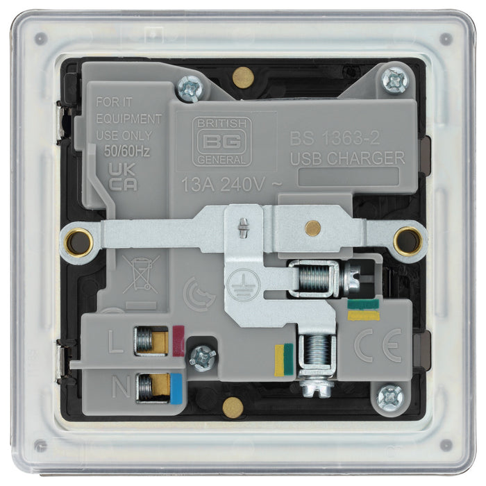 BG FBN21UAC18B Flatplate Screwless 13A Single Switched Power Socket + USB A+C (18W) - Black Nickel + Black Insert