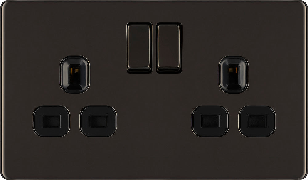 BG FBN22B Flatplate Screwless Double Socket 13A - Black Insert - Black Nickel (5 Pack) - westbasedirect.com