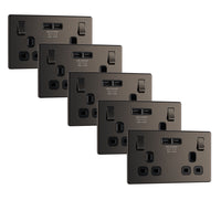 BG FBN22U3Bx5 Flatplate Screwless Double Socket + 2x USB(3.1A) - Black Insert - Black Nickel (5 Pack)