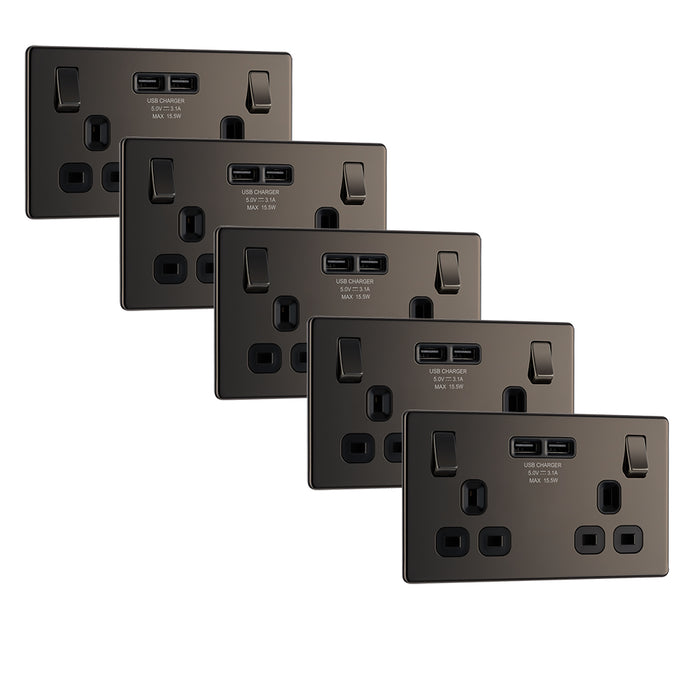 BG FBN22U3B Flatplate Screwless Double Socket + 2x USB(3.1A) - Black Insert - Black Nickel (5 Pack) - westbasedirect.com