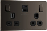 BG FBN22UAC22B Flatplate Screwless 13A Double Switched Power Socket + USB A+C (22W) - Black Nickel + Black Insert
