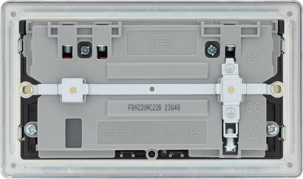 BG FBN22UAC22B Flatplate Screwless 13A Double Switched Power Socket + USB A+C (22W) - Black Nickel + Black Insert - westbasedirect.com