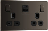 BG FBN22UAC45B Flatplate Screwless 13A Double Switched Power Socket + USB A+C (45W) - Black Nickel + Black Insert