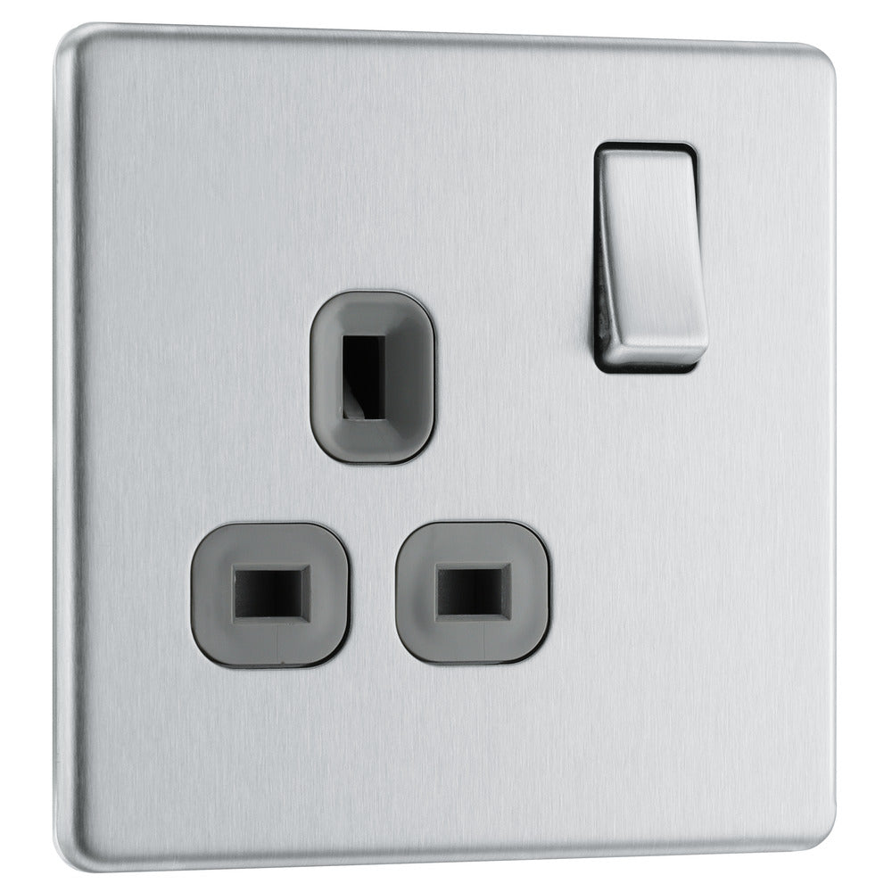 FBS21G Flatplate Screwless Single Socket Insert Brushed Steel