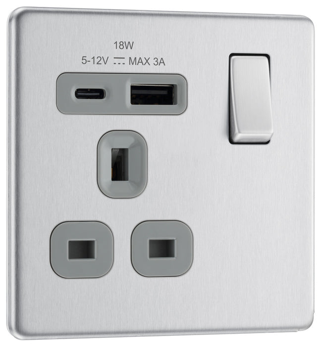 BG FBS21UAC18G Flatplate Screwless 13A Single Switched Power Socket + USB A+C (18W) - Brushed Steel + Grey Insert