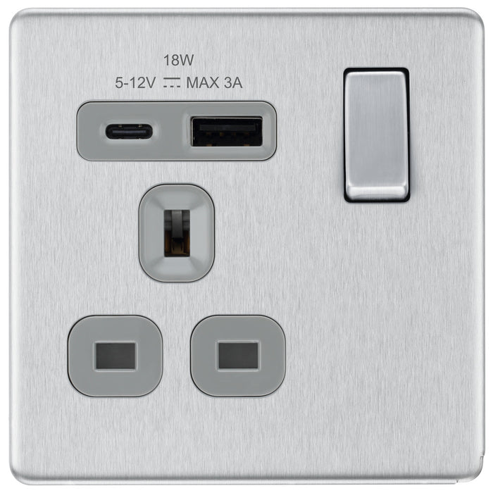 BG FBS21UAC18G Flatplate Screwless 13A Single Switched Power Socket + USB A+C (18W) - Brushed Steel + Grey Insert