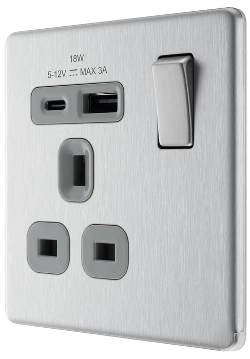 BG FBS21UAC18G Flatplate Screwless 13A Single Switched Power Socket + USB A+C (18W) - Brushed Steel + Grey Insert