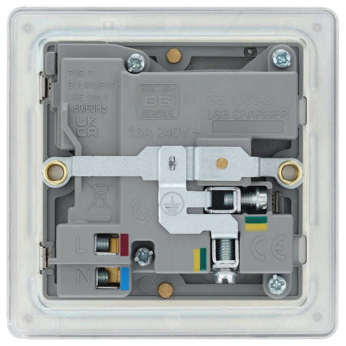 BG FBS21UAC18G Flatplate Screwless 13A Single Switched Power Socket + USB A+C (18W) - Brushed Steel + Grey Insert