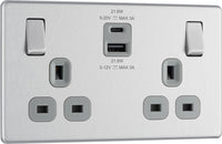 BG FBS22UAC22G Flatplate Screwless 13A Double Switched Power Socket + USB A+C (22W) - Brushed Steel + Grey Insert