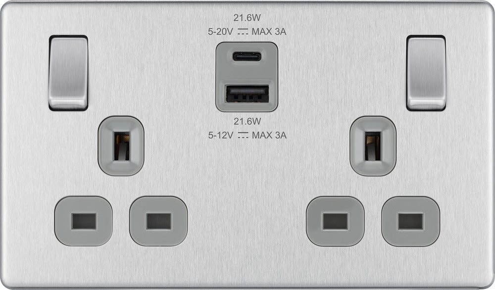 BG FBS22UAC22G Flatplate Screwless 13A Double Switched Power Socket + USB A+C (22W) - Brushed Steel + Grey Insert - westbasedirect.com