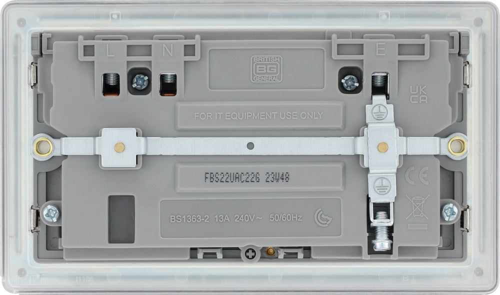 BG FBS22UAC22G Flatplate Screwless 13A Double Switched Power Socket + USB A+C (22W) - Brushed Steel + Grey Insert - westbasedirect.com