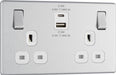 BG FBS22UAC22W Flatplate Screwless 13A Double Switched Power Socket + USB A+C (22W) - Brushed Steel + White Insert - westbasedirect.com