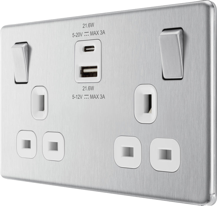 BG FBS22UAC22W Flatplate Screwless 13A Double Switched Power Socket + USB A+C (22W) - Brushed Steel + White Insert - westbasedirect.com