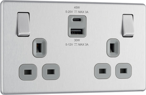 BG FBS22UAC45G Flatplate Screwless 13A Double Switched Power Socket + USB A+C (45W) - Brushed Steel + Grey Insert - westbasedirect.com