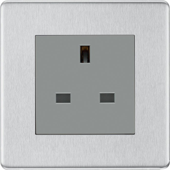 BG FBS23G Flatplate Screwless 1G 13A Unswitched Socket - Grey Insert - Brushed Steel - westbasedirect.com