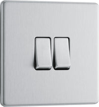 BG FBS42 Flatplate Screwless 20A 16AX 2 Way Double Light Switch - Brushed Steel