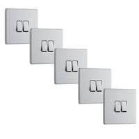 BG FBS42x5 Flatplate Screwless 20A 16AX 2 Way Double Light Switch - Brushed Steel (5 Pack)