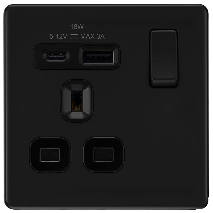 BG FFB21UAC18B Flatplate Screwless 13A Single Switched Power Socket + USB A+C (18W) - Matt Black + Black Insert