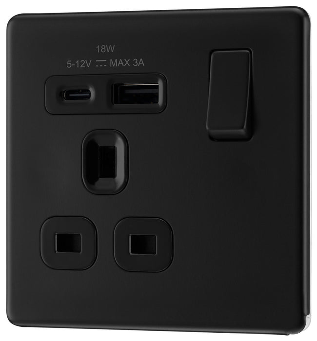 BG FFB21UAC18B Flatplate Screwless 13A Single Switched Power Socket + USB A+C (18W) - Matt Black + Black Insert