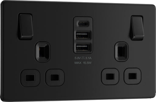 BG FFB22UAAC15B Flatplate Screwless Double Socket + 2xUSB A +1xUSB C(15W) - Black Insert - Matt Black - westbasedirect.com