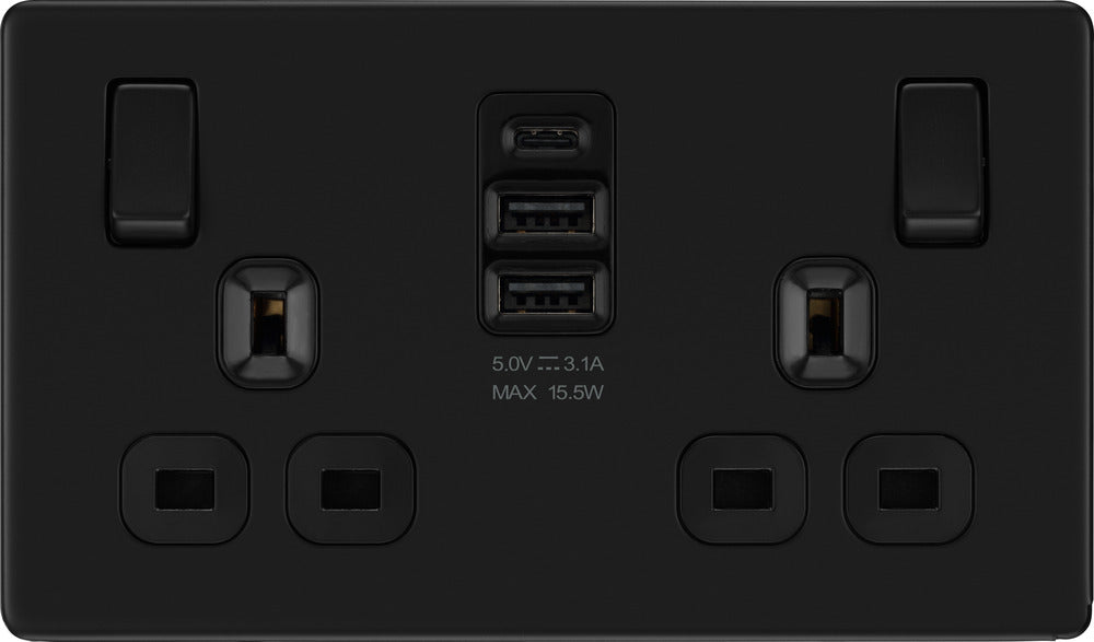 BG FFB22UAAC15B Flatplate Screwless Double Socket + 2xUSB A +1xUSB C(15W) - Black Insert - Matt Black - westbasedirect.com