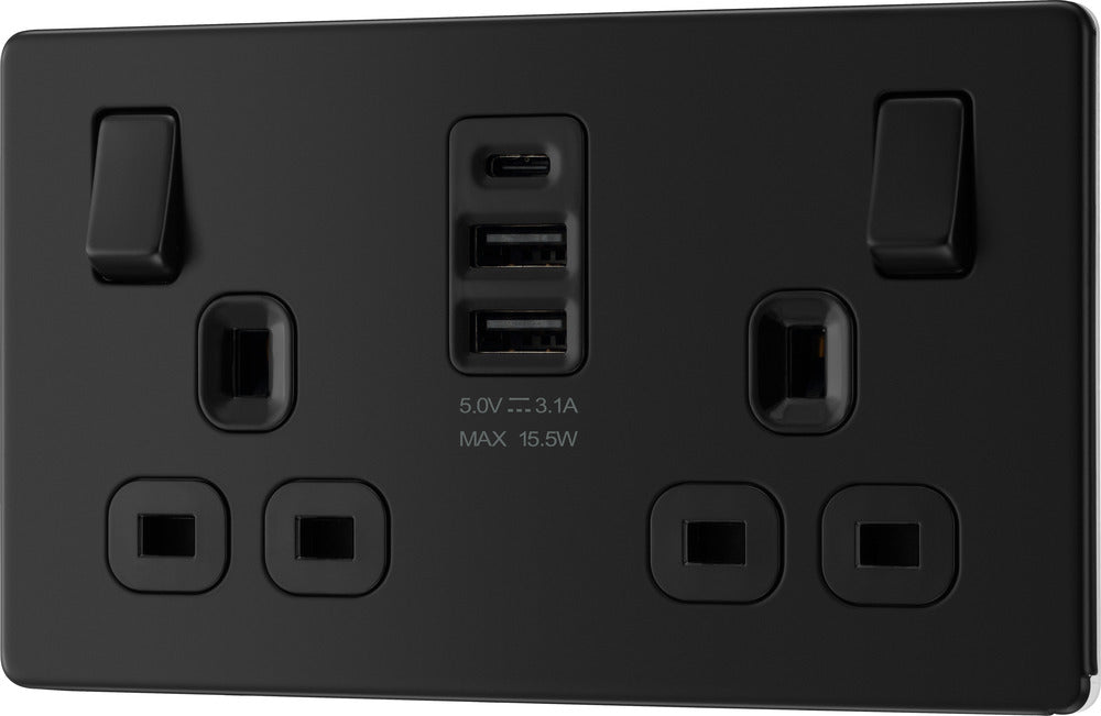 BG FFB22UAAC15B Flatplate Screwless Double Socket + 2xUSB A +1xUSB C(15W) - Black Insert - Matt Black - westbasedirect.com