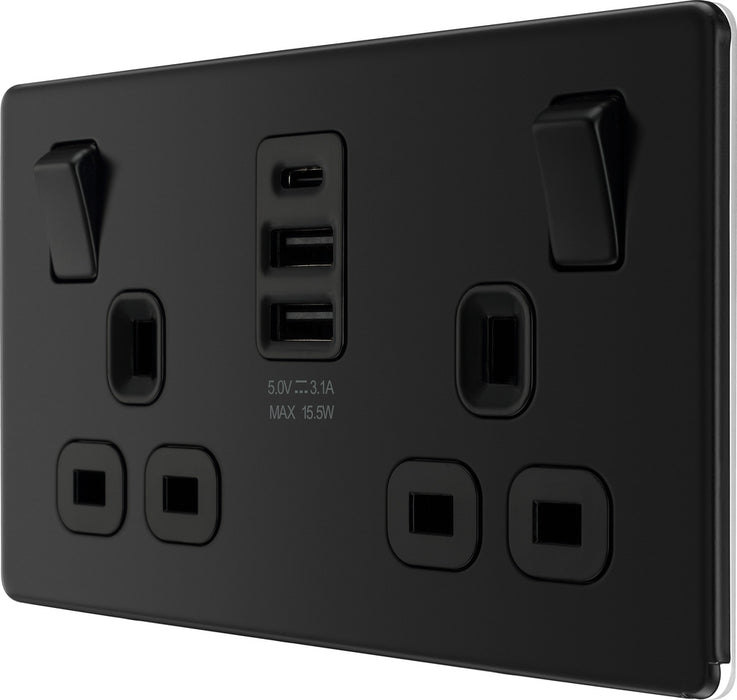 BG FFB22UAAC15B Flatplate Screwless Double Socket + 2xUSB A +1xUSB C(15W) - Black Insert - Matt Black - westbasedirect.com