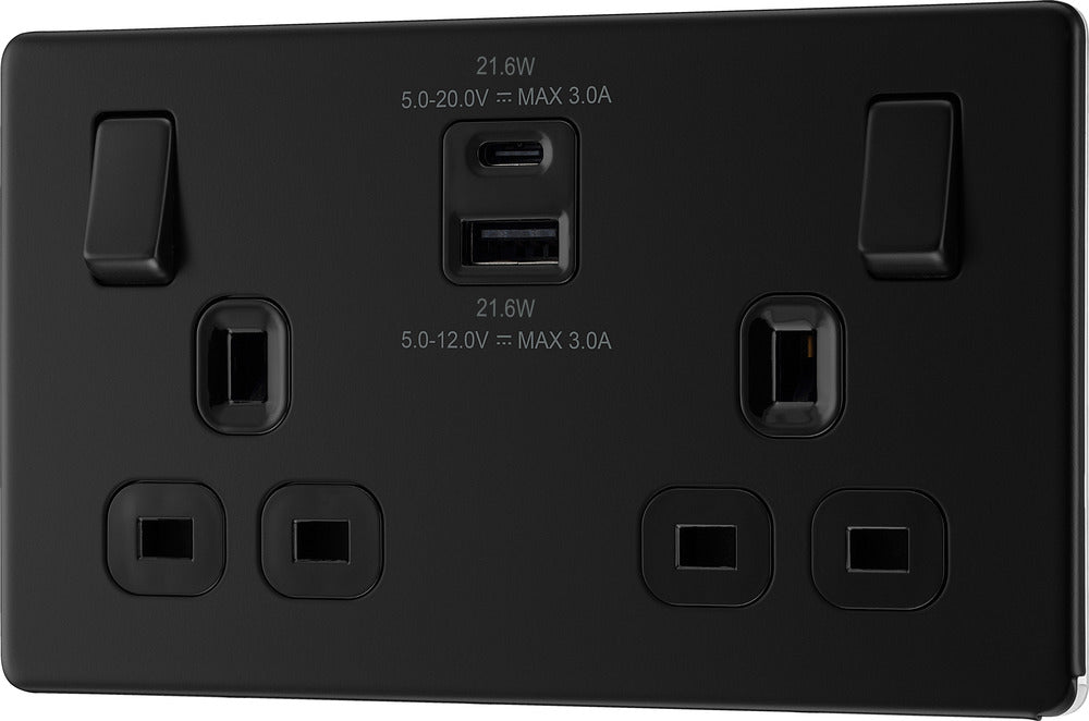 BG FFB22UAC22B Flatplate Screwless 13A Double Switched Power Socket + USB A+C (22W) - Matt Black + Black Insert - westbasedirect.com