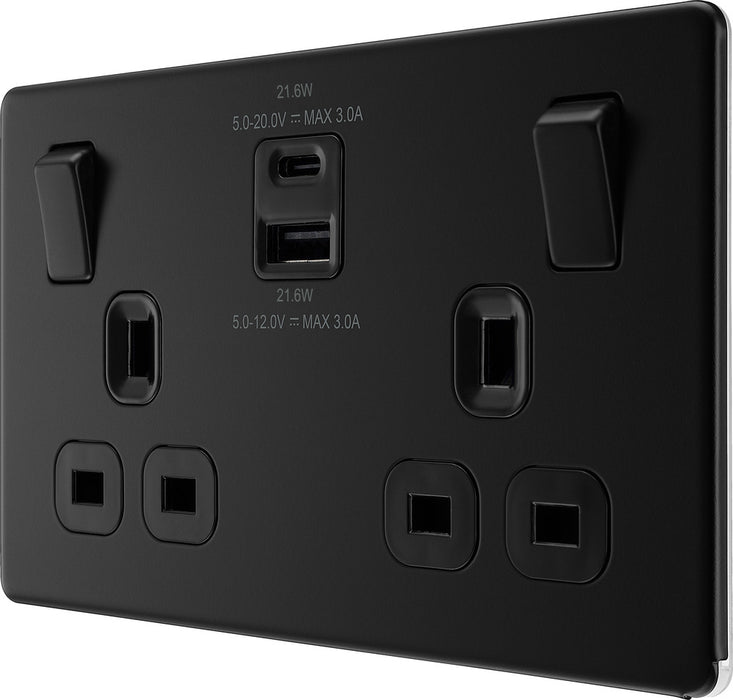 BG FFB22UAC22B Flatplate Screwless 13A Double Switched Power Socket + USB A+C (22W) - Matt Black + Black Insert - westbasedirect.com