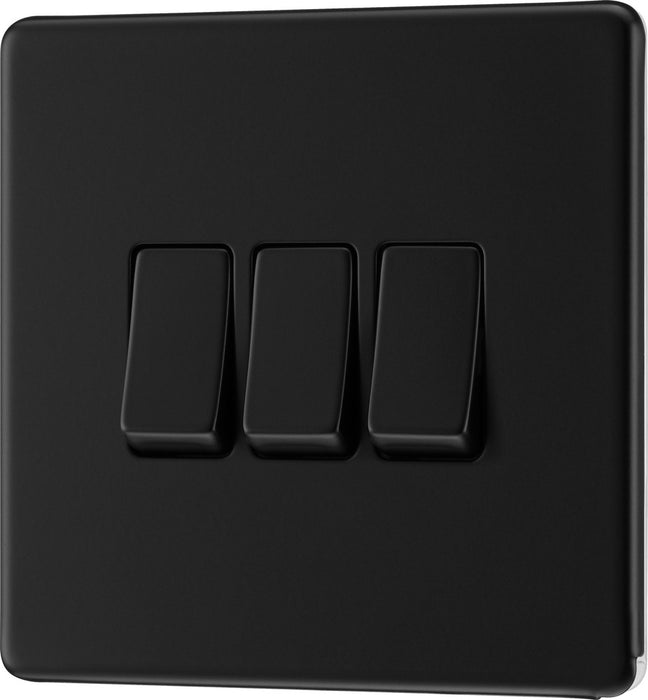 BG FFB43 Flatplate Screwless Triple Light Switch 10A - Matt Black - westbasedirect.com