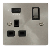 Click Define FPBS571UBK Flat Plate 13A Ingot 1G Switched Socket + 1x2.1A USB - Brushed Stainless (Black)