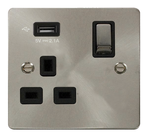 Click Define FPBS571UBK Flat Plate 13A Ingot 1G Switched Socket + 1x2.1A USB - Brushed Stainless (Black) - westbasedirect.com