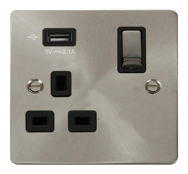 Click Define FPBS571UBK Flat Plate 13A Ingot 1G Switched Socket + 1x2.1A USB - Brushed Stainless (Black) - westbasedirect.com
