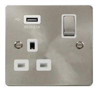 Click Define FPBS571UWH Flat Plate 13A Ingot 1G Switched Socket + 1x2.1A USB - Brushed Stainless (White)