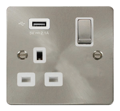Click Define FPBS571UWH Flat Plate 13A Ingot 1G Switched Socket + 1x2.1A USB - Brushed Stainless (White) - westbasedirect.com