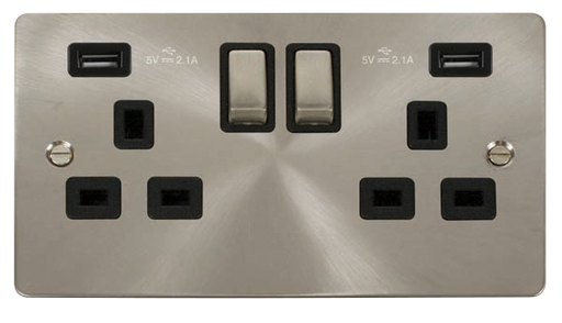 Click Define FPBS580BK Flat Plate 13A Ingot 2G Switched Socket + 2x2.1A USB - Brushed Stainless (Black) - westbasedirect.com