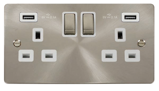 Click Define FPBS580WH Flat Plate 13A Ingot 2G Switched Socket + 2x2.1A USB - Brushed Stainless (White) - westbasedirect.com