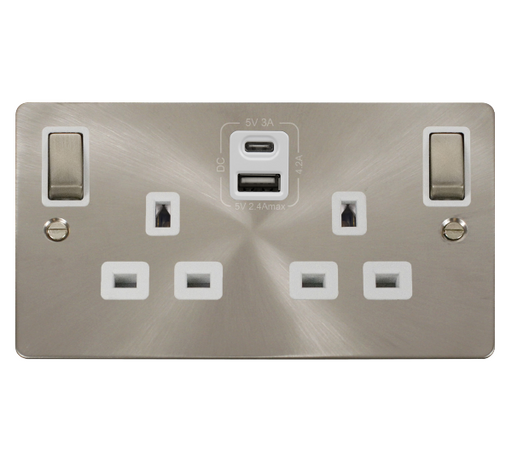 Click Define FPBS586WH Flat Plate 13A Ingot 2G Switched Socket + Type A&C USB - Brushed Stainless (White) - westbasedirect.com